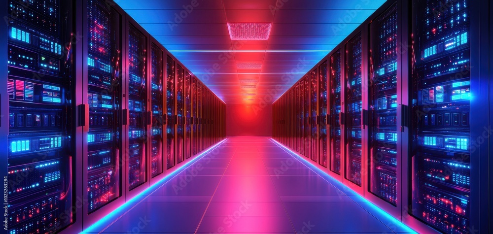 Poster futuristic data center with illuminated server racks and vibrant lighting.