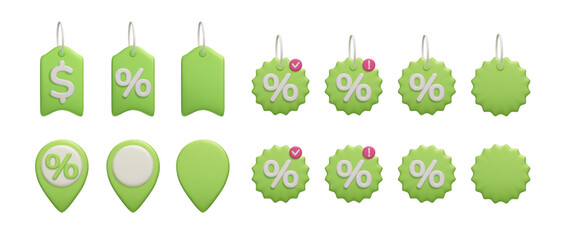 Special promo offer discount price tag icon set 3D bundle. Green 3d sale percent sign pin, dollar price tag, online shopping voucher card, discounted item label. 3d vector render icon collection.