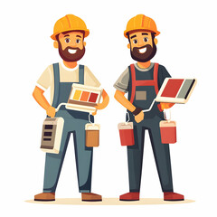 Two Decorators with Paint Rollers and Color Swatches Surrounded by Bright Space for Friendly and Efficient Decorating Services
