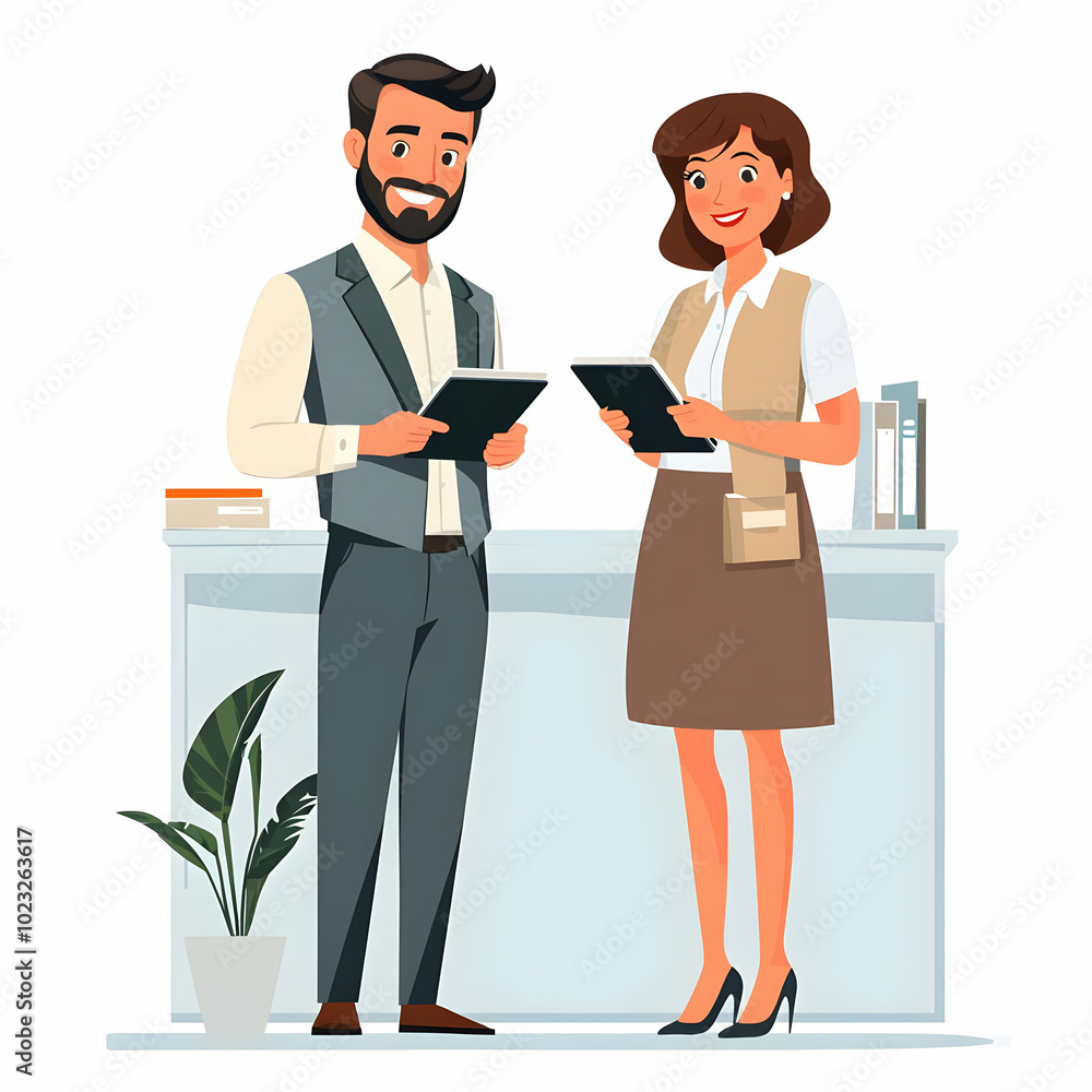 Poster two hotel receptionists using tablets with booking systems in a modern setting, symbolizing efficien