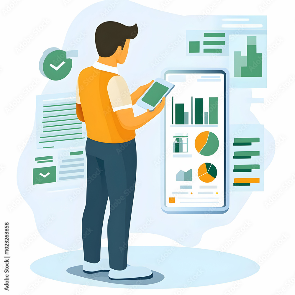 Poster simple flat vector illustration of person using financial tracker on phone, smart business concept w