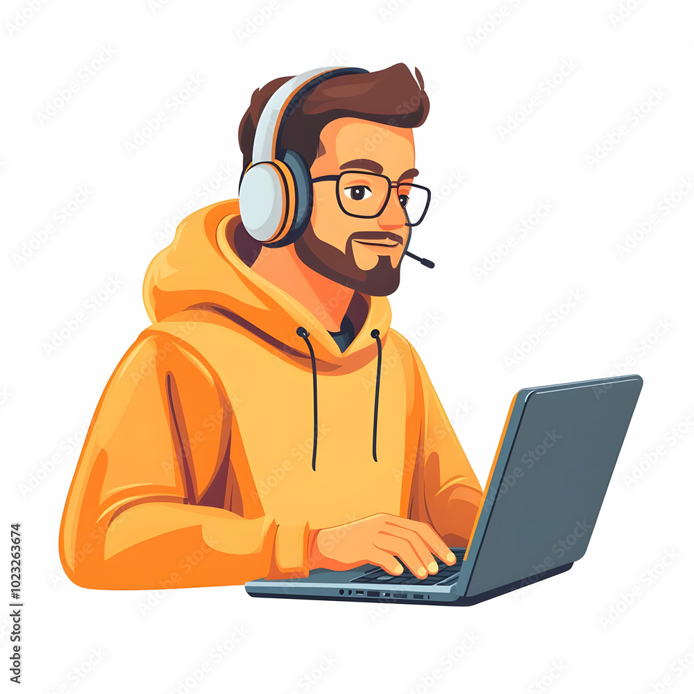 Poster person using laptop and headset providing friendly technical support in a blank background for optim