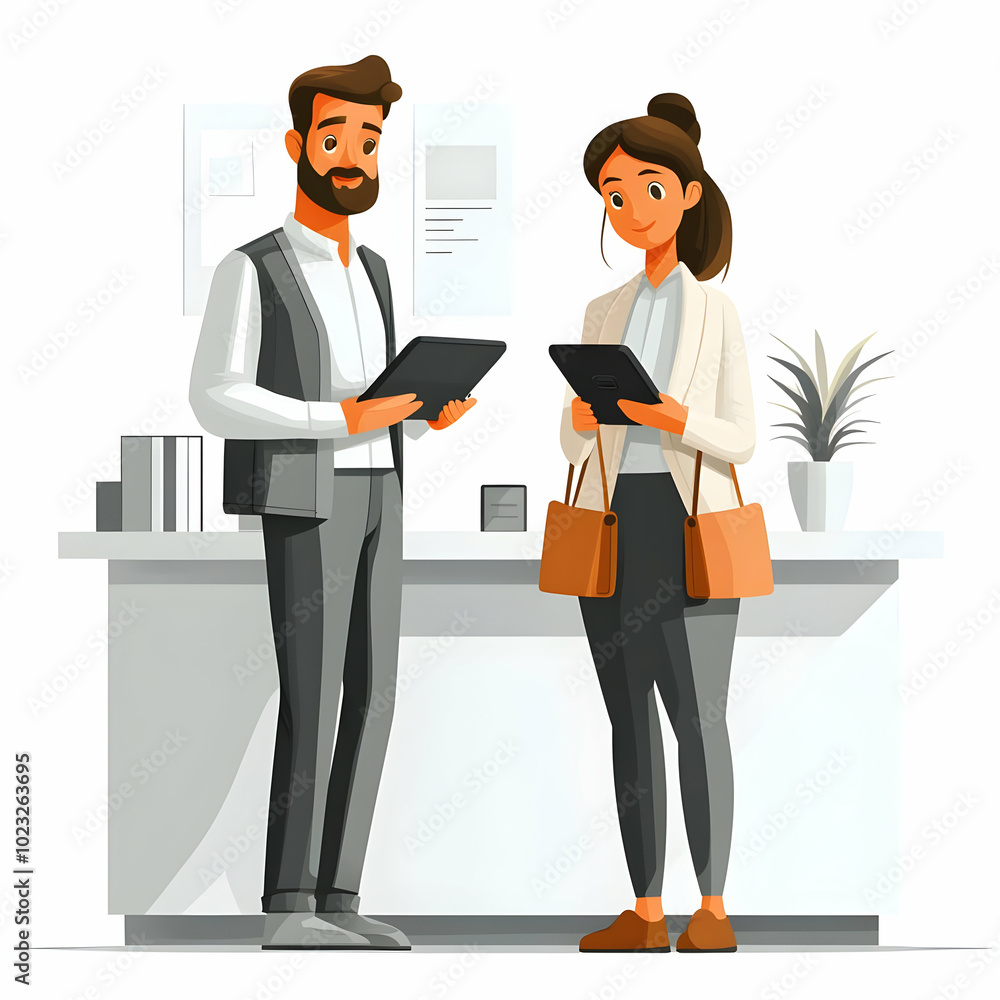 Poster two hotel receptionists using tablets in booking systems: efficient and friendly hospitality service