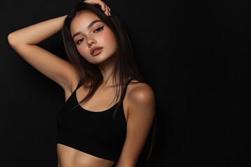 Fototapeta premium Hands Behind Back. Beautiful Black-Haired Girl Leaning with Style