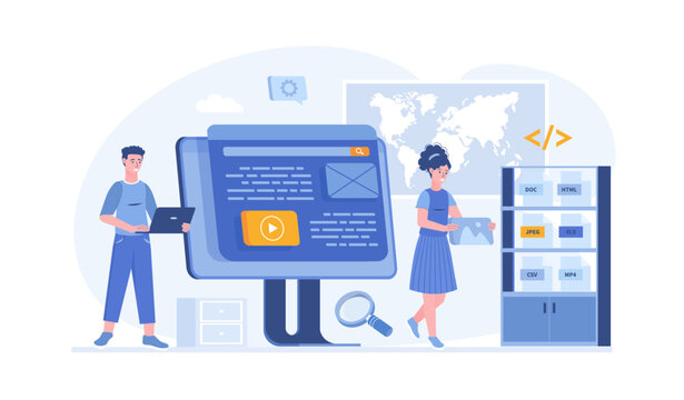 Web scraping. Technology for collecting data from web pages. Extracting content and data from websites in different formats. Vector illustration with characters in flat design for web banner.