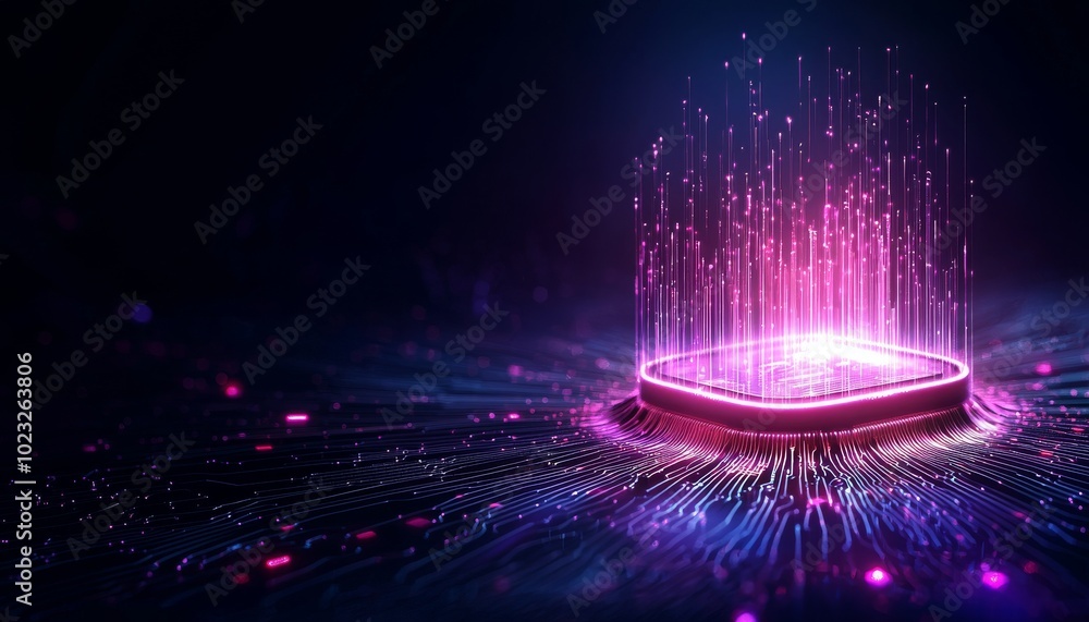 Poster a futuristic scene featuring a glowing hexagonal shape emitting colorful digital streams against a d