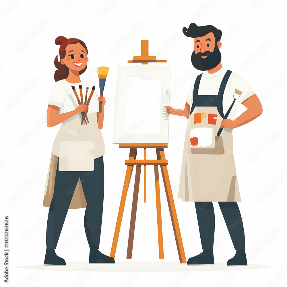 Aufkleber two artists with brushes and canvases: symbolizing efficient and friendly art services on a clean ba