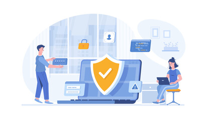 Network security, Cybersecurity, Protection of personal data. Online server protection system. Vector illustration with characters in flat design for web banner.