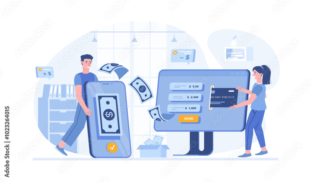 Poster money transfer. sending money from a bank credit card through a computer to a mobile phone. vector i