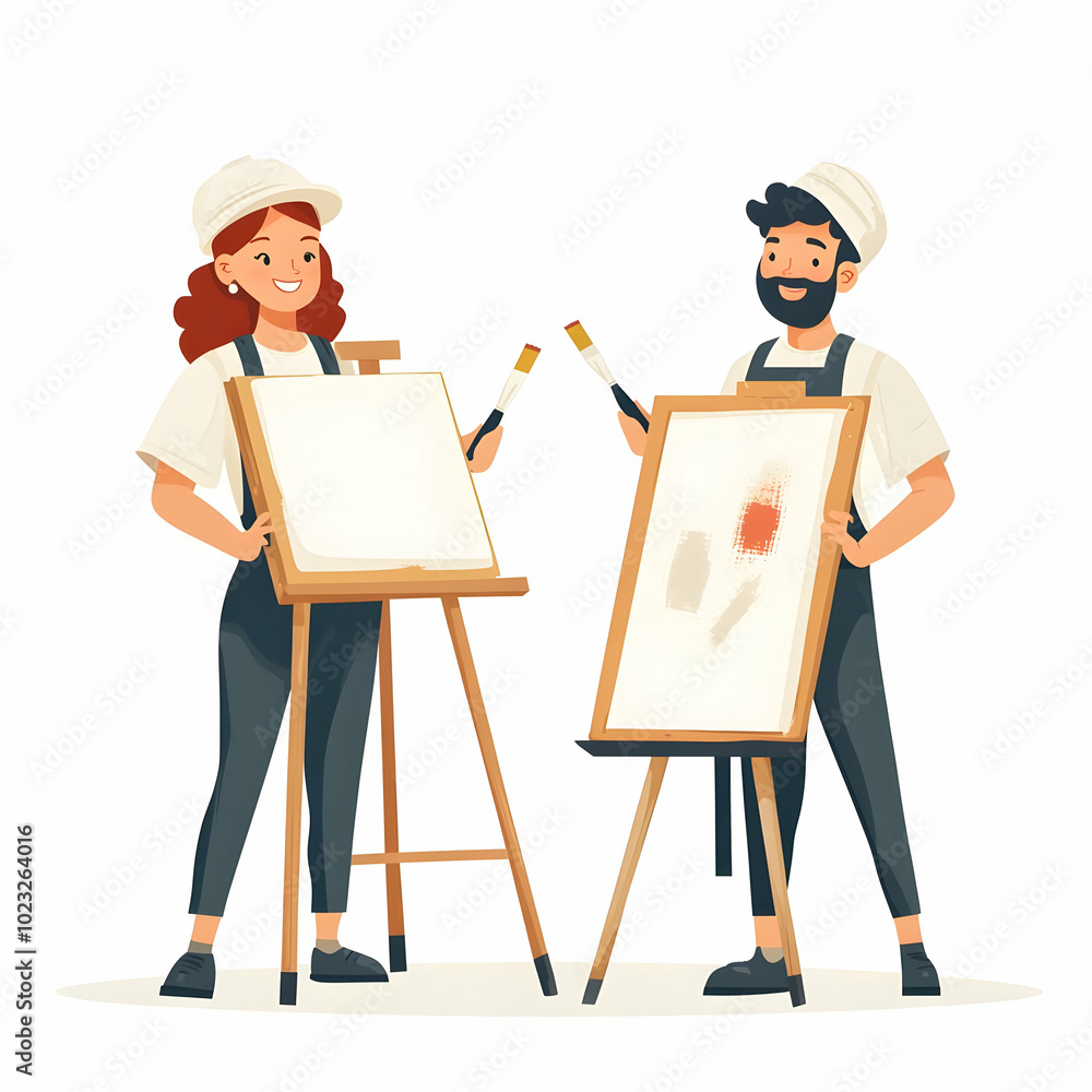 Aufkleber two artists with brushes and canvases against a clean background for art services: creative space fo
