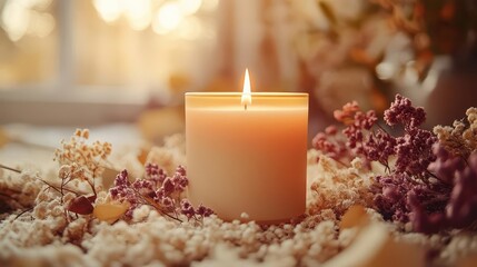 cozy setup of a vanilla scented candle burning gently on a soft beige background surrounded by dried leaves and flowers radiating warm inviting ambiance of home and relaxation