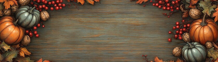 Naklejka premium Fall harvest border with pumpkins, berries and leaves on wood background.