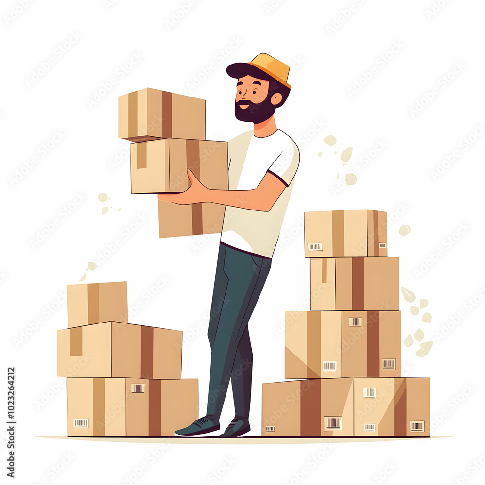 Poster person with packages representing timely delivery service standing against a clean background for re