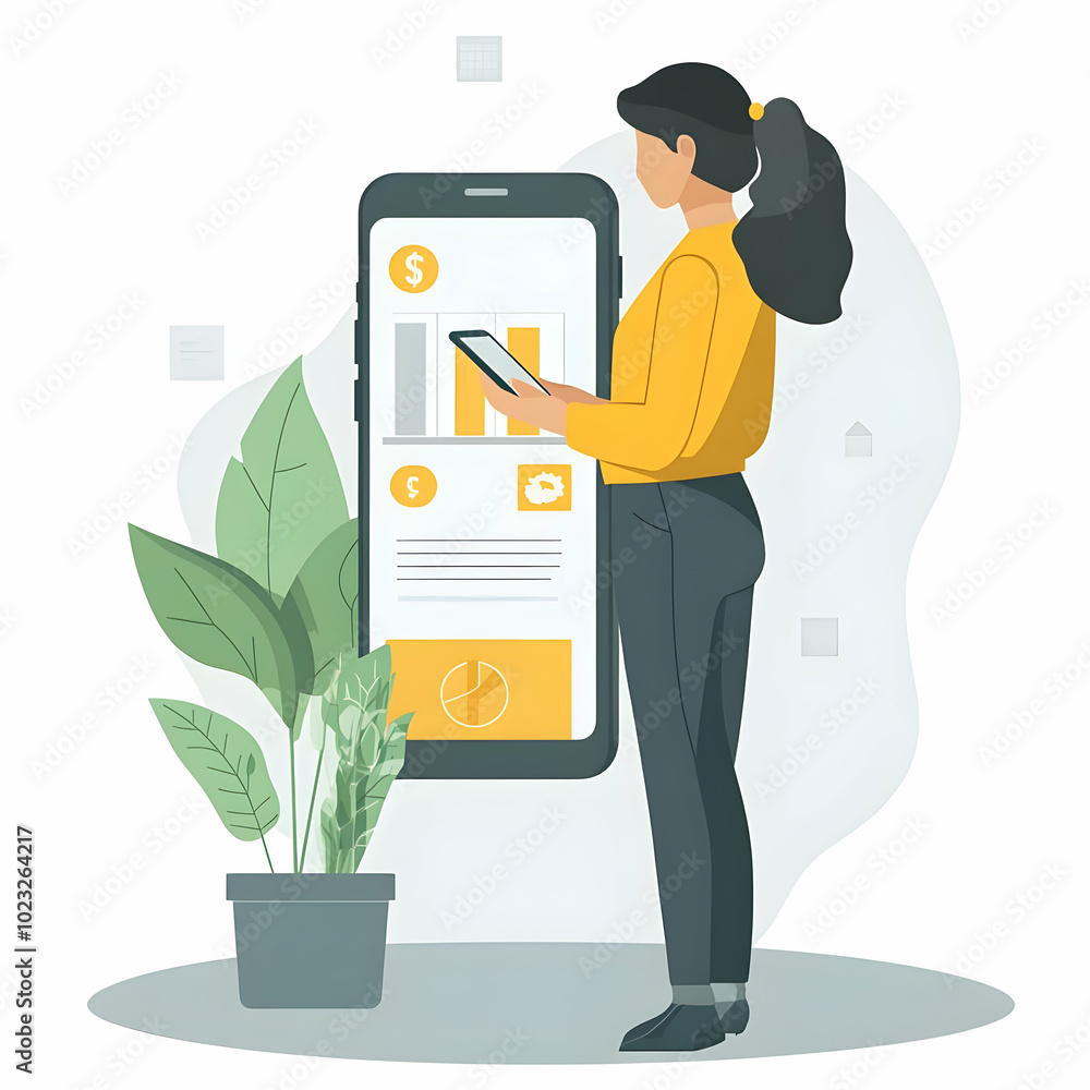 Poster person using mobile finance app for retirement planning - simple flat vector illustration of a user 