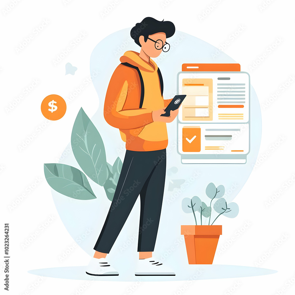 Poster person using personal finance app for debt management: simple flat vector illustration of debt manag