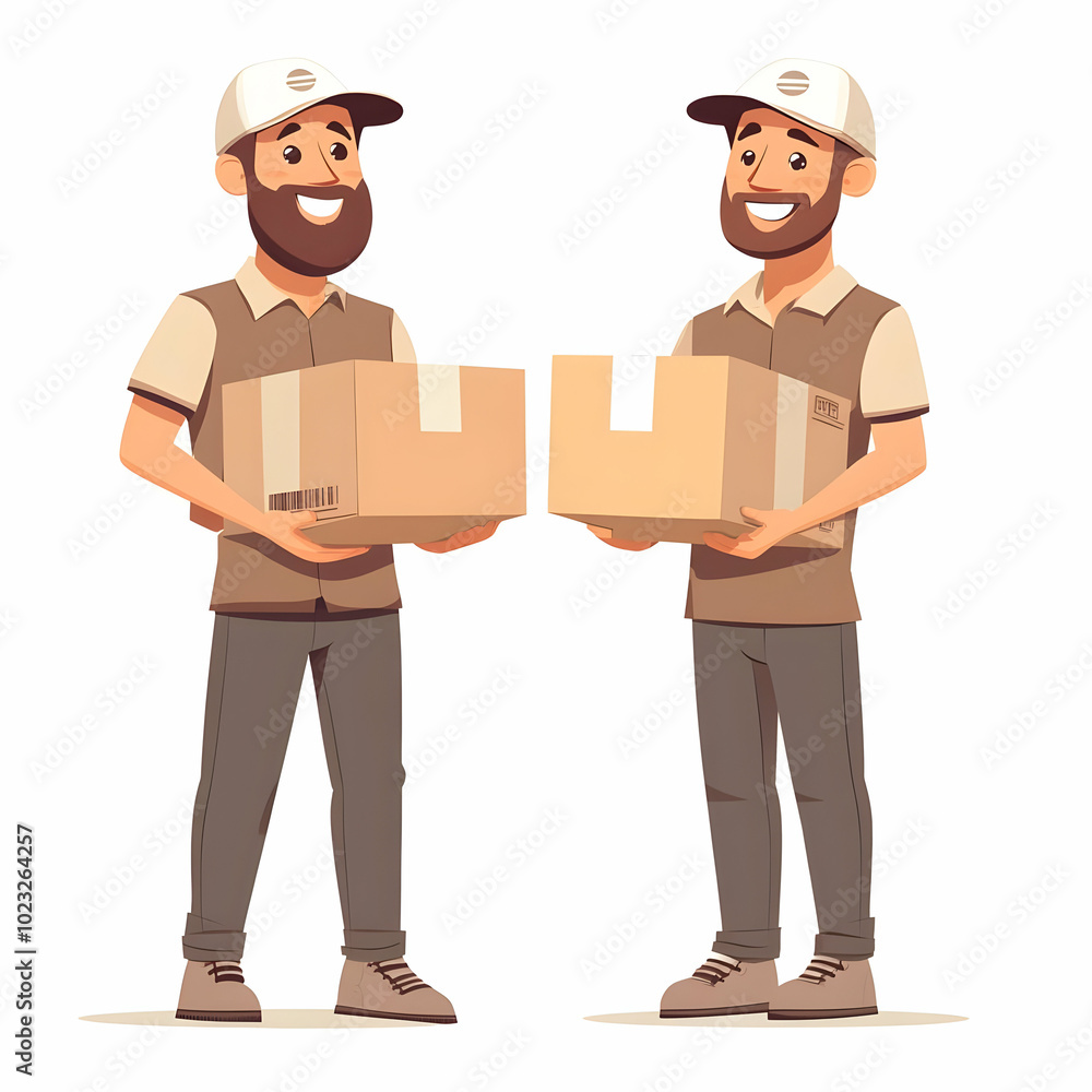Poster two delivery workers holding boxes and smiling against clean background for friendly and efficient d