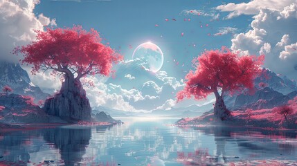 Fototapeta premium The metallic portal in the middle of the clear river that connected to the ocean that has surrounded with the bright blue cloudy sky and the pink desert with the pink tree and pink mountain