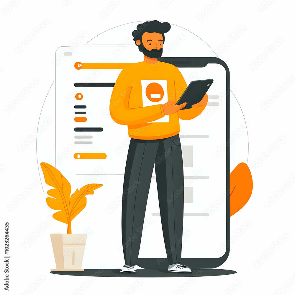 Poster person checking credit score on phone: flat vector illustration of mobile finance app for credit man