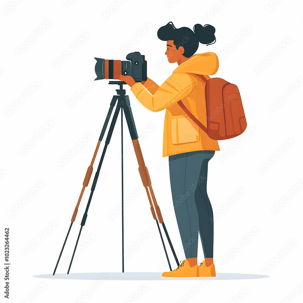 Poster professional photographer with camera and tripod ready for efficient and friendly photography servic