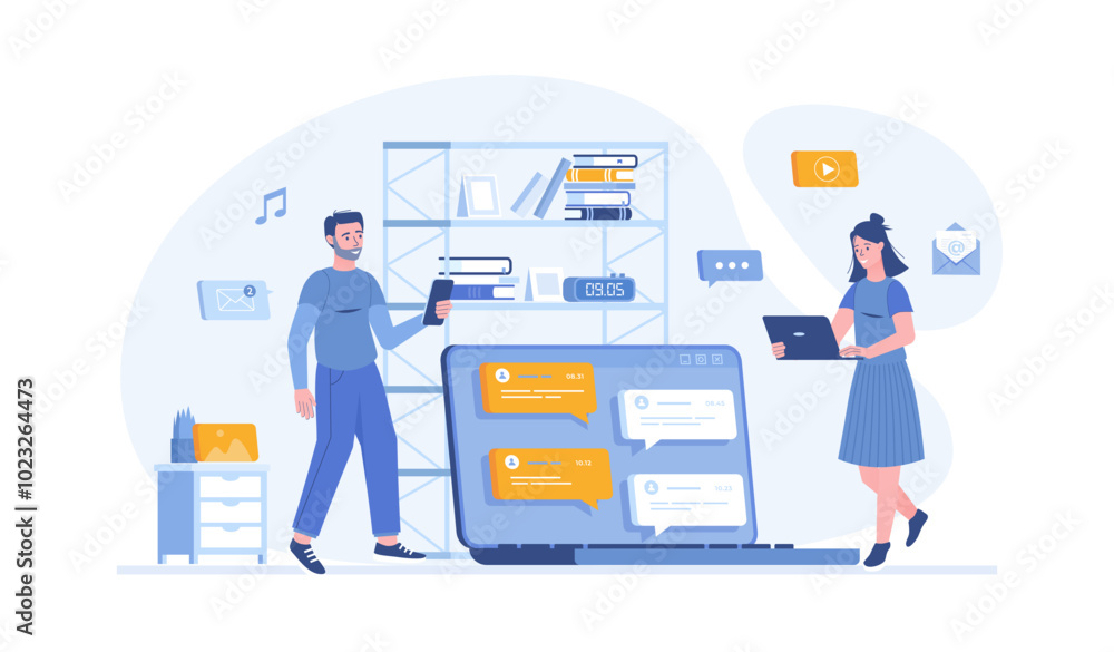 Poster messaging service, online communication. social network texting with chat on laptop screen. vector i