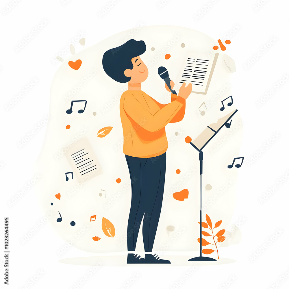 Poster person with microphone and music sheet against clean background - visualizing friendly music service
