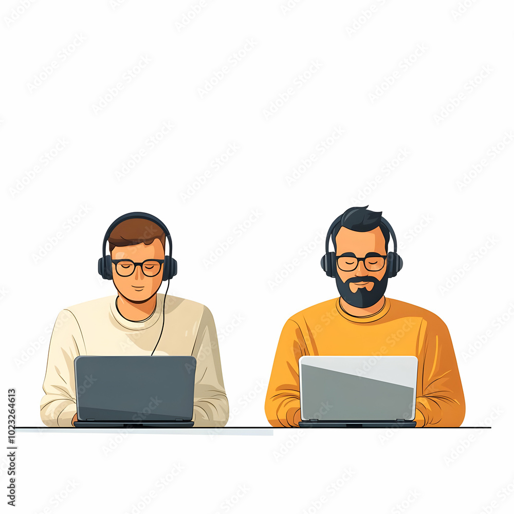 Poster two it support specialists with laptops and headsets in a clean environment representing friendly te