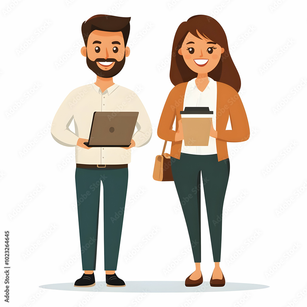 Poster two office assistants holding coffee cups and using laptops in a clean office setting - symbolizing 