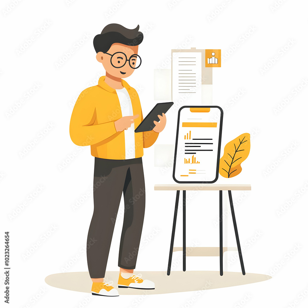 Poster person using mobile app for tax filing: flat vector illustration with ample space for graphics and t