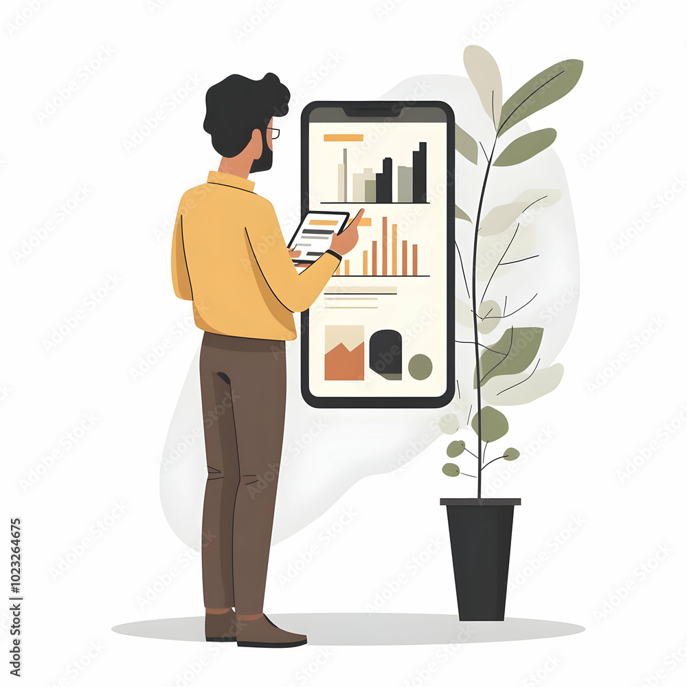Poster person checking investment portfolio: flat vector illustration of finance app use on mobile device w