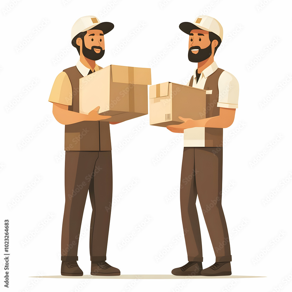 Poster two couriers holding delivery boxes and clipboards against clean background - efficient and friendly