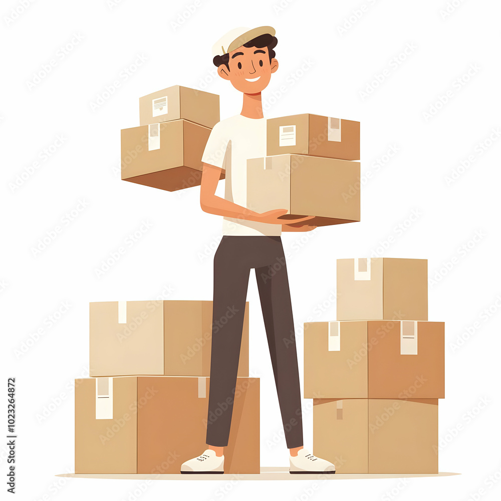 Poster efficient delivery service: person handling packages symbolizing commitment and reliability on clean
