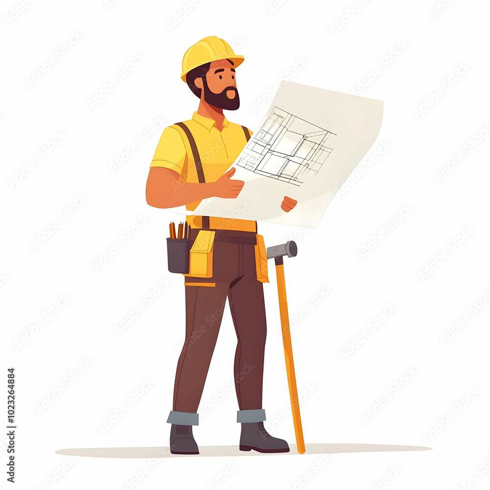 Poster person with hammer and blueprint for building services concept: efficient and friendly construction 