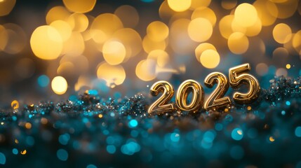 Elegant 2025 in shiny gold, set against a glittery backdrop with blurred bokeh lights in shades of blue and gold
