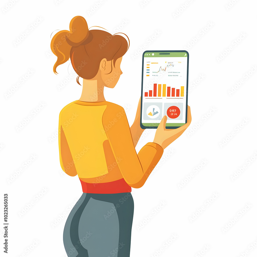 Poster person using mobile finance app for retirement planning - simple flat vector illustration on smartph
