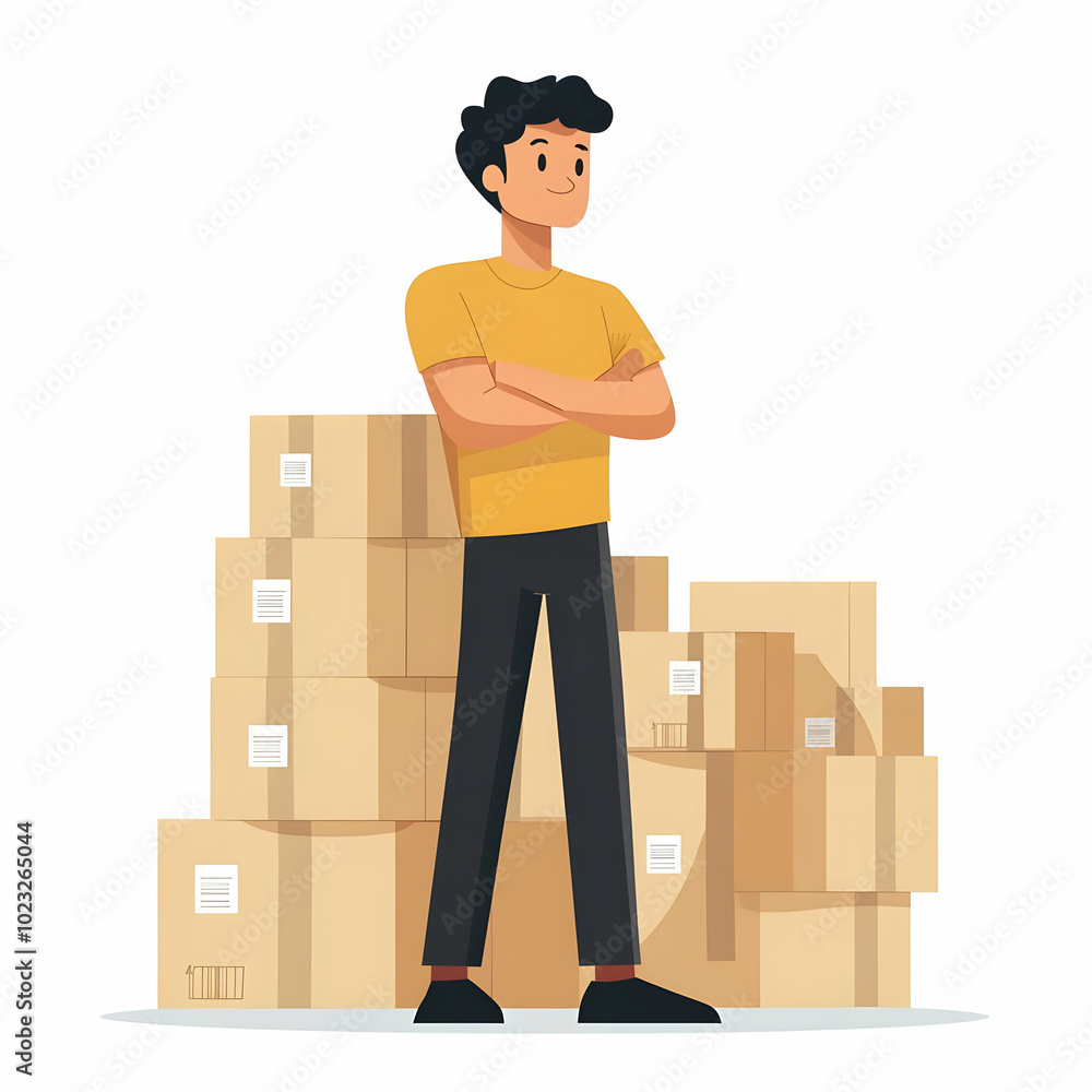 Poster reliable logistics service: person managing packages symbolizing efficiency and commitment on clean 