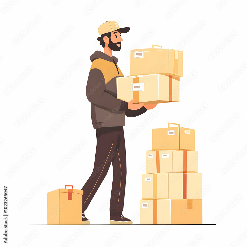 Poster fast delivery service: person handling packages symbolizing commitment and reliability against a cle