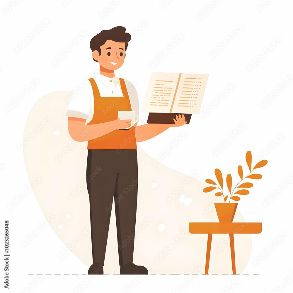 Aufkleber person with coffee cup and menu: representing friendly and efficient restaurant service in a clean b