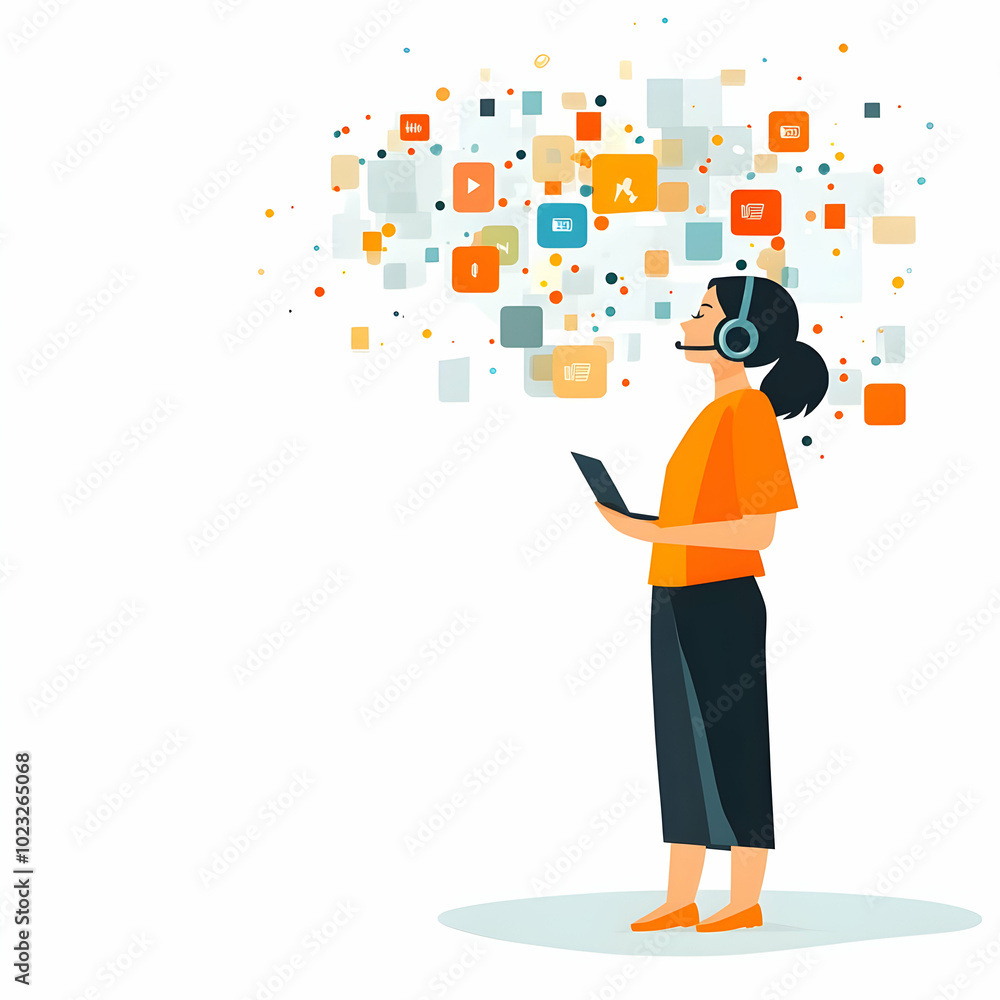 Poster professional customer service representative with headset offering interactive support on blank back