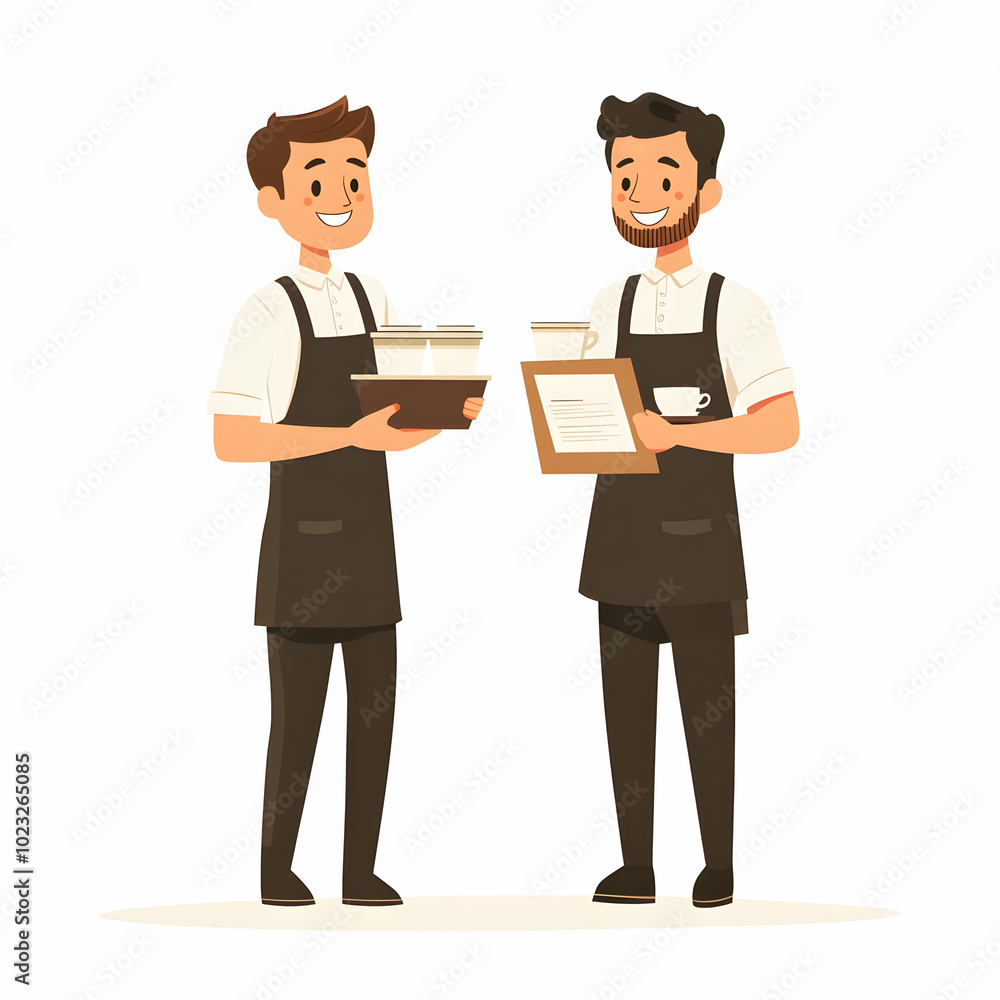 Poster Two Waiters Holding Coffee Cups and Menus on Clean Background - Symbolizing Efficient and Friendly Restaurant Services with Ample Space for Text or Graphics