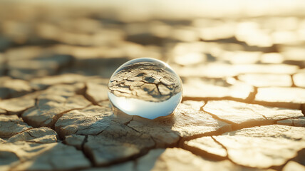 Droplet Over a Parched Landscape: A large water droplet hovering above a dry, cracked landscape,