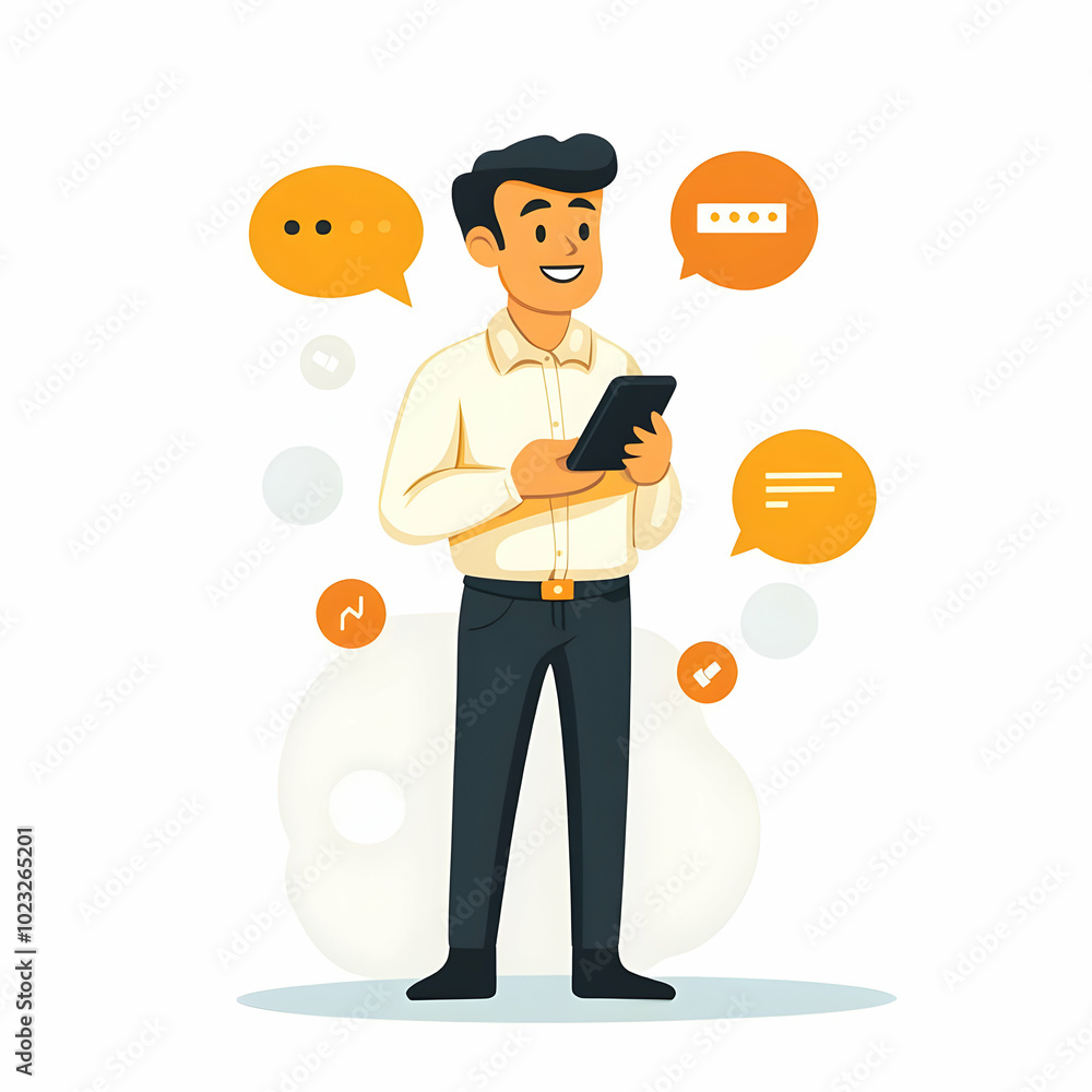 Poster friendly customer support: person holding phone against blank background for communication and assis