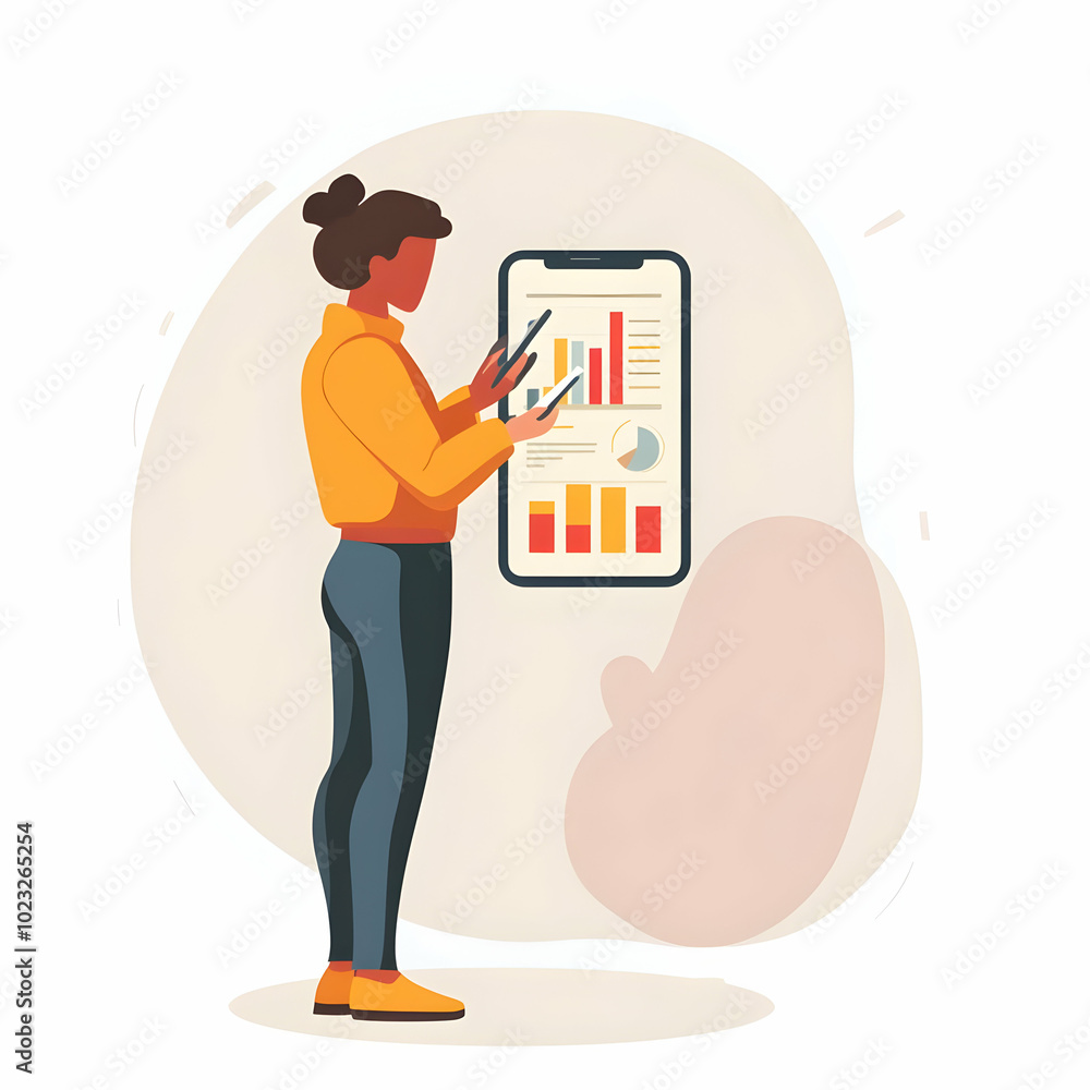 Poster person using a budget app for financial growth: simple flat vector illustration of a user tracking f