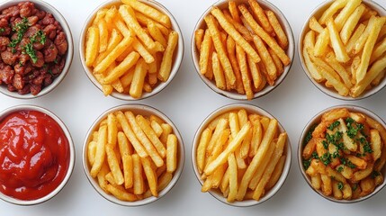 crispy golden french fries artfully arranged on a pristine white background emphasizing their texture and delectable appeal bright and appetizing colors with a simple clean composition