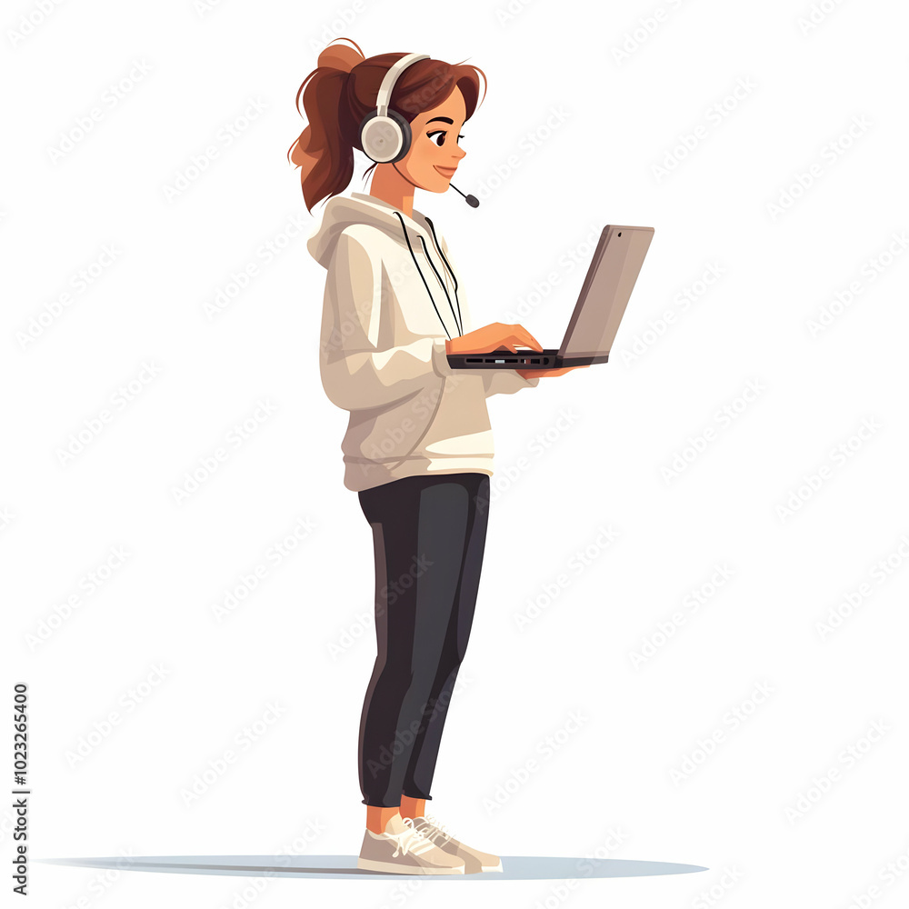 Poster friendly tech support concept: person with laptop and headset providing efficient assistance on blan