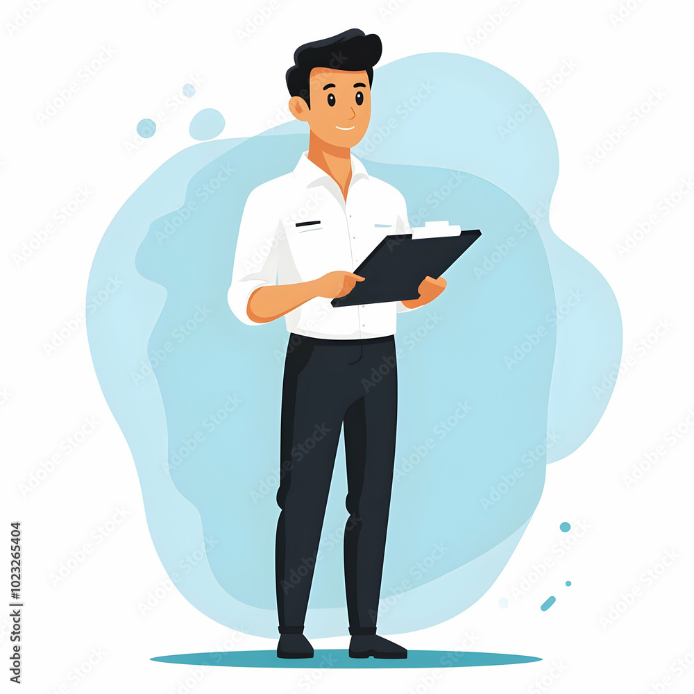 Aufkleber person with clipboard for organized service coordination - reliable efficiency concept with clean ba