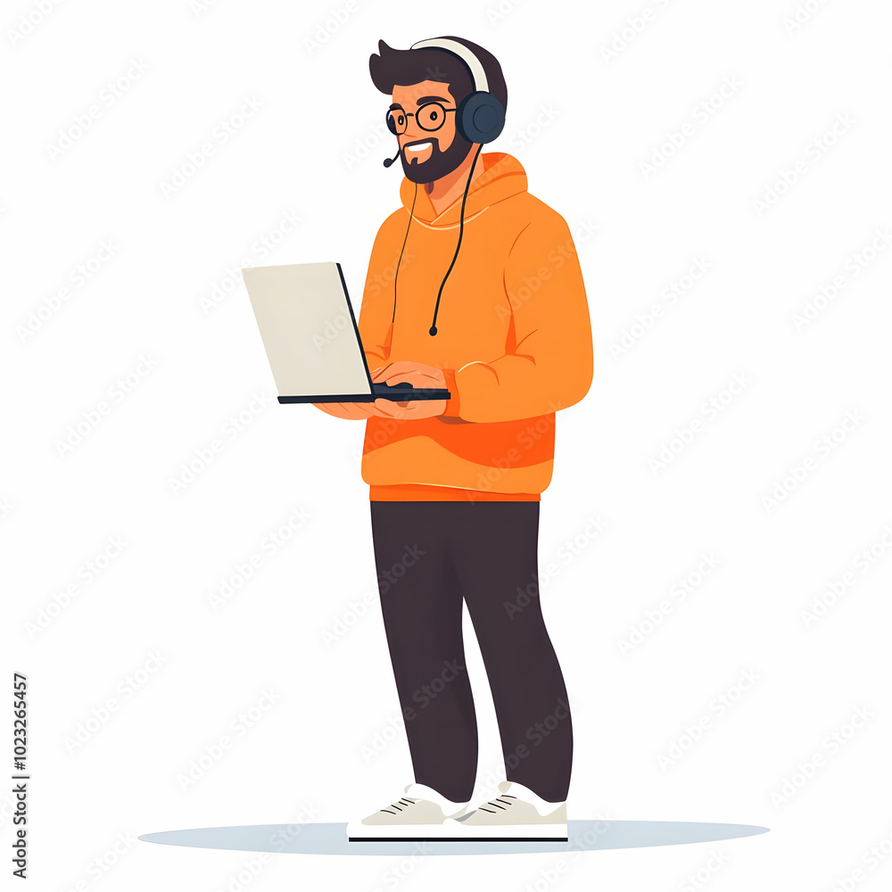Poster efficient tech support concept: person with laptop and headset in friendly service environment on bl