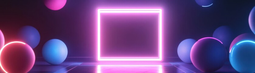 Neon pink frame with glowing spheres on a dark background.