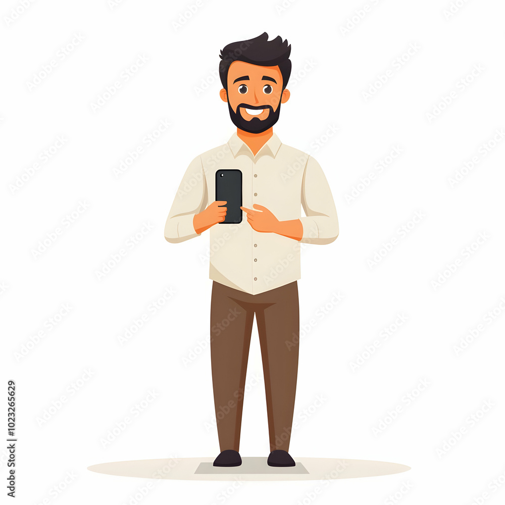Poster friendly support assistance: a person holding a phone against a blank background, representing respo