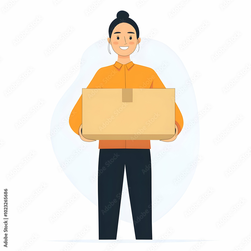 Poster friendly delivery service: person holding box with bright smile against clean background for efficie