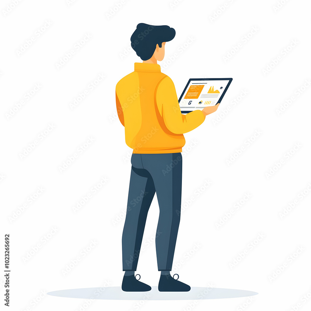 Poster person using tablet for booking system in hospitality services, efficient and friendly concept with 